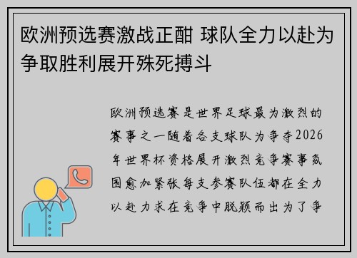 欧洲预选赛激战正酣 球队全力以赴为争取胜利展开殊死搏斗