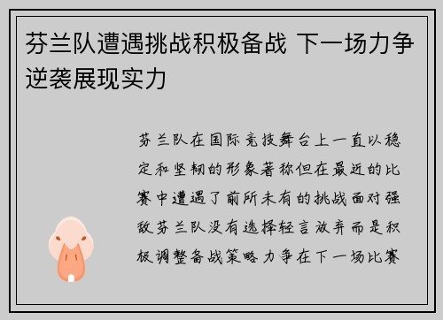 芬兰队遭遇挑战积极备战 下一场力争逆袭展现实力