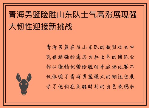 青海男篮险胜山东队士气高涨展现强大韧性迎接新挑战