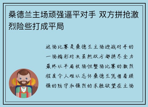 桑德兰主场顽强逼平对手 双方拼抢激烈险些打成平局